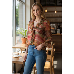 Coldwater Creek 100% Silk Orange Floral Button Up Blouse Ruffles Size Large